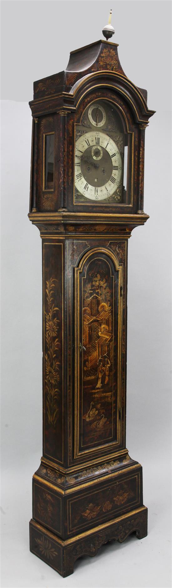 An early 18th century chinoiserie lacquered eight day longcase clock, 7ft 6in.